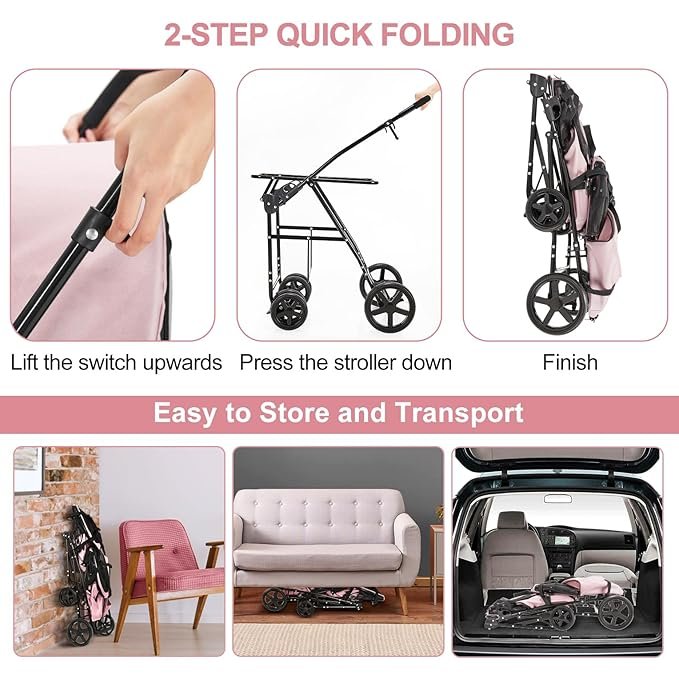 3 LPOTIUS Double Pet Stroller for Dogs and Cats with 2 Detachable Carrier, Quick-Folding Dog Stroller for Small Medium Dogs Cats, 4 Wheels, Light Pink