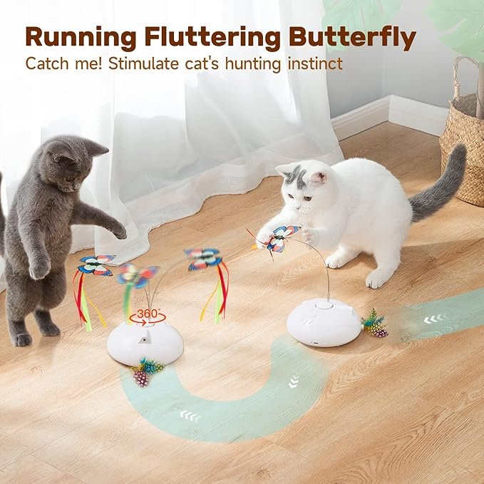 1 Potaroma Electric Running Cat Laser Toys Interactive, Fluttering Butterfly, 4in1 Automatic Rechargeable Kitten Toy, Colored Feather, Indoor Exercise Cat Kicker, White
