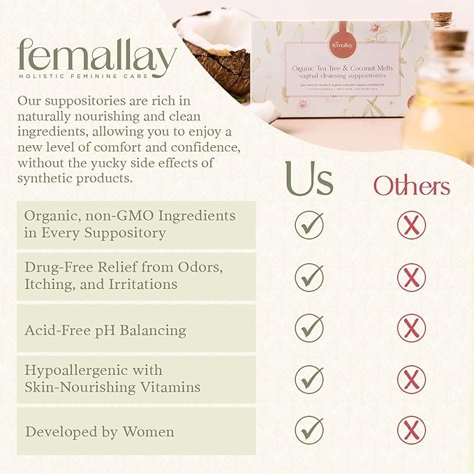 3 Femallay Organic Tea Tree & Oil Vaginal Cleansing Suppositories for Hygiene, 100% Natural Melts for Feminine Care, Great for Dryness and More, 7 Individually-Sealed Melts + 1 Applicator