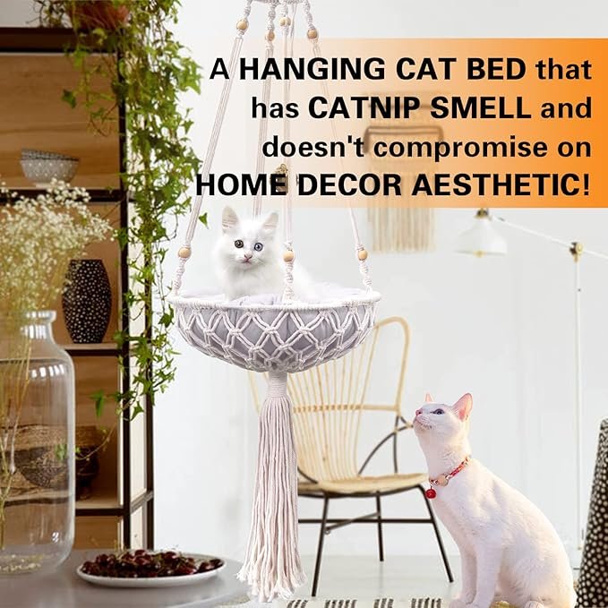 2 VAESCOL Macrame Hammock, Handwoven Boho Cat Swing with Hanging Kit for Indoor Outdoor Home Decor Hang on Wall Bed for Sleeping, Playing, Climbing and Lounging