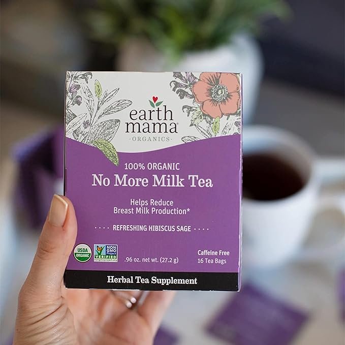 5 Earth Mama No More Milk Tea | Organic Herbal Tea Bags to Reduce Breast Milk Production, Stop Breastfeeding, & Wean Lactation Naturally, Postpartum Essentials, Decaf Tea With Hibiscus & Sage (16-Count)