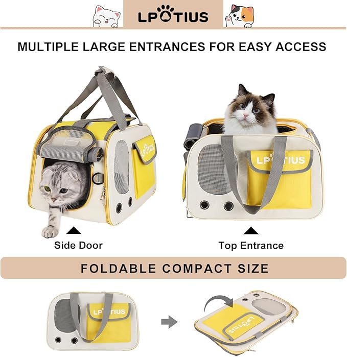 2 LPOTIUS Foldable Cat Carrier Soft-Sided Pet Carrier for Small Dogs and Large Medium Cats, Airline Approved Travel Dog Carriers with Curtain, Pocket, Safety Leash and Cushion Pad, Yellow