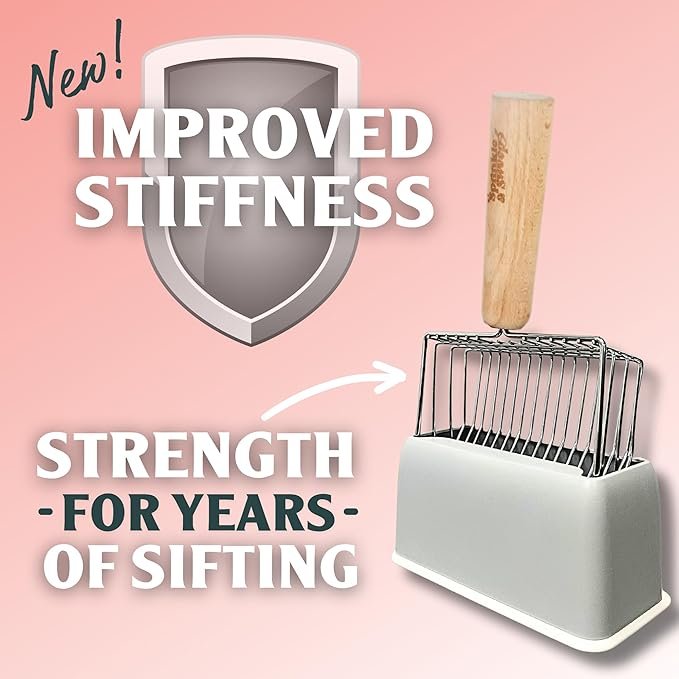 2 Sprinkle & Sweep Cat Litter Scoop - Heavy Duty Litter Scooper & Speed Sifter with Comfortable Beech Wood Grip - Metal Cat Litter Scoop, Washable Convenient Stand for Easy and Efficient Cleaning