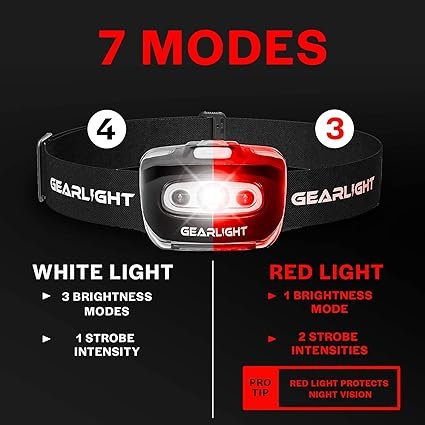 3 GearLight 2Pack LED Headlamp - Outdoor Camping Headlamps with Adjustable Headband - Leightweight Headlight with 7 Modes and Pivotable Head - Bright Headlamps for Adults with a Machine Washable Band