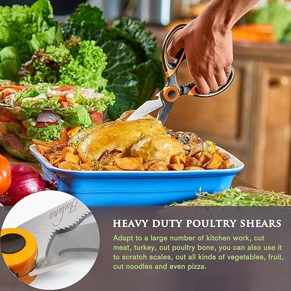 2 Acelone Premium Heavy Duty Kitchen Scissors, Ultra Sharp Stainless Steel Multi-function Scissors for Various Food Preparations (Orange black)
