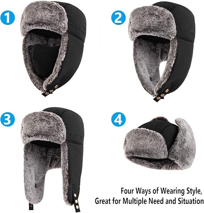 4 Unigear Winter Trapper Hat for Men Women, Windproof Water-Resistant Faux Fur Ushanka Trooper Hat for Hunting Skiing with Detachable Mask Black
