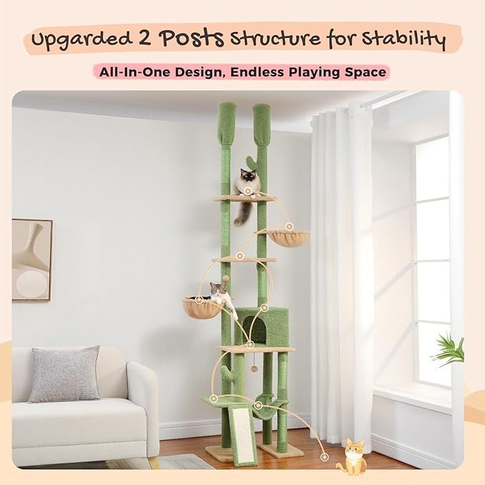 3 PAWZ Road Cactus Cat Tree Floor to Ceiling Cat Tower with Adjustable Height(85-112 Inches), 7 Tiers Climbing Activity Center with Cozy Hammocks, 5 Platforms and Scratching Posts for Indoor Cats