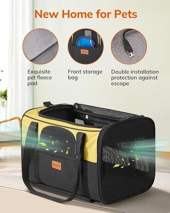 3 Morpilot Cat Carrier with Wheels Airline Approved, Pet Dog Carrier with Wheels for Small Dogs, Rolling Cat Carrier for Large Cats Puppy Stroller Detachable and Foldable Pet Travel Bag Black&Yellow