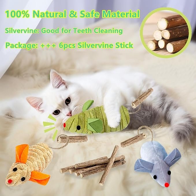 1 9Pcs Cat Toys, 3X Squeak Mice Catnip Toys for Indoor Cat + 6X Silvervine Chew Stick Dental Chirping Mouse Plush Kitten Stuffed Toy Cleaning Teeth Matatabi Bite Interactive Cat Gifts Kitty Toy
