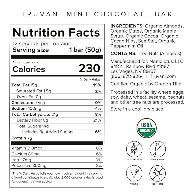 1 Truvani Plant Based Snack Bars | 7g Protein | 12 Pack Mint Chocolate | Organic | Vegan | The Only Bar | Dairy, Soy, and Gluten Free | Individually Wrapped