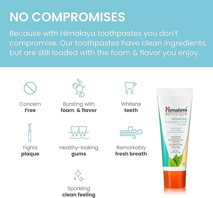 3 Himalaya Botanique Whitening Complete Care Toothpaste, 20 Pack Travel Size, Teeth Whitening, Fights Plaque, Fluoride Free, No Artificial Flavors, SLS Free, Simply Mint Flavor, TSA Approved, 0.74 Oz