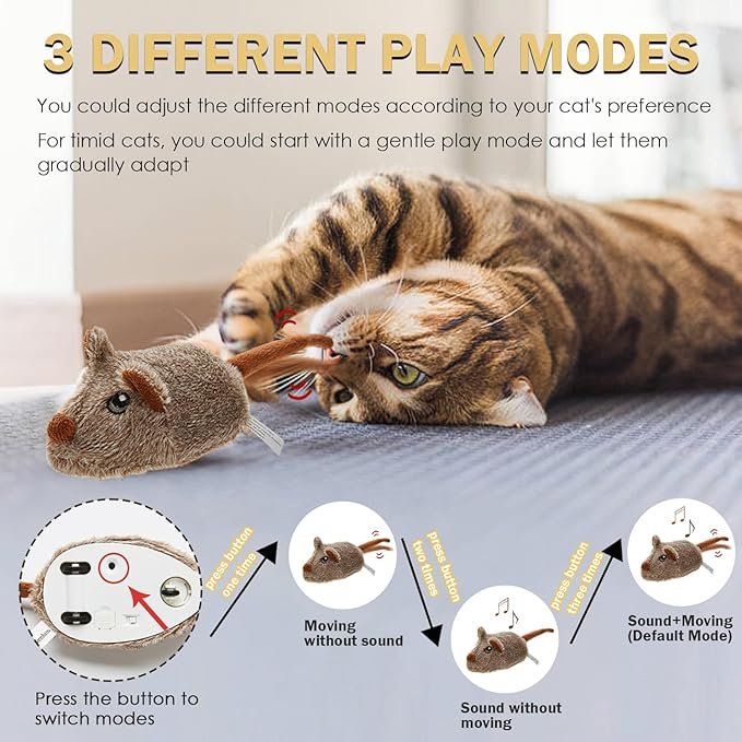 2 Cat Toys Squeaky Rechargeable Moving Mouse with Dynamic Magic Tail, Automatic Self Play Mouse Interactive Cat Toy for Indoor Cats, Electric Motion Activated Mice Toys for Kitten