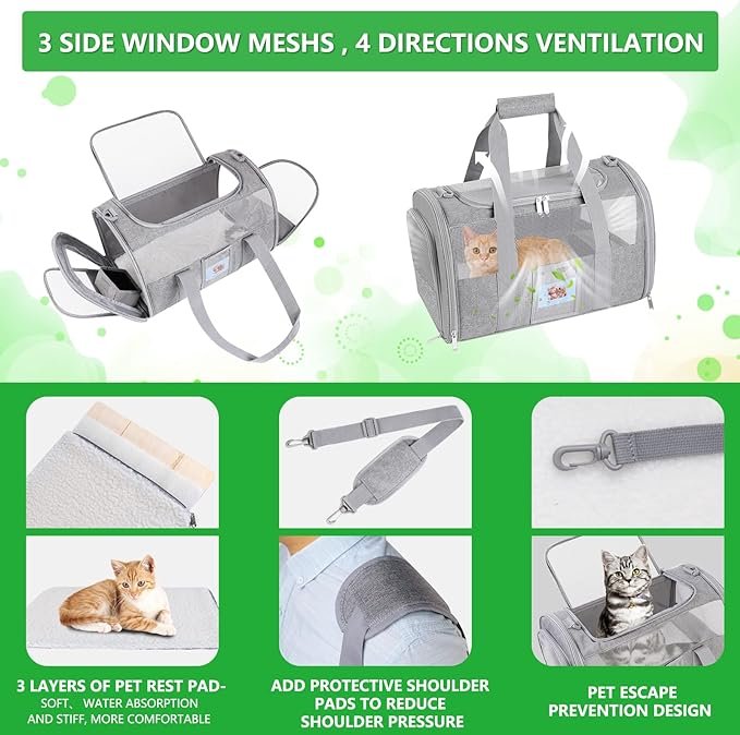 2 SECLATO Extra Large Pet Carrier Soft Sided Cat Carriers for Large Cats Under 25 lbs, Folding Big Dog Carrier 20"x13"x13" Cat Carrier for 2 Cats Travel Carrier, Grey