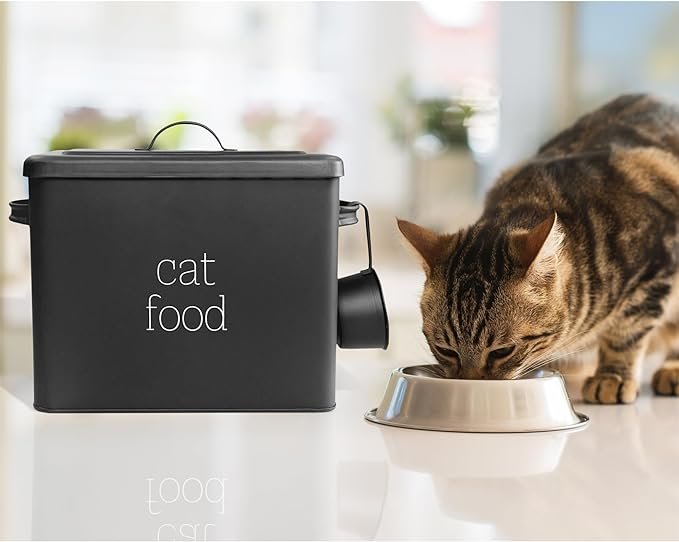 2 AuldHome Farmhouse Cat Food Container (Black); Enamel Look Rustic Cat Food Bin with Scoop