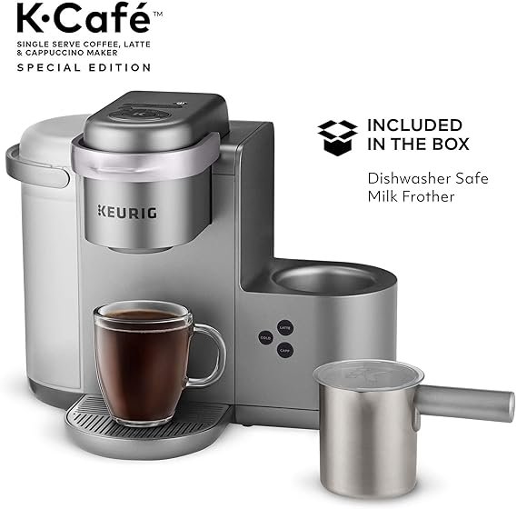 4 Keurig K-Cafe Premium Single Serve K-Cup Pod Coffee, Latte, and Cappuccino Maker with Milk Frother, Shot Capability, Nickel (Dishwasher Safe)