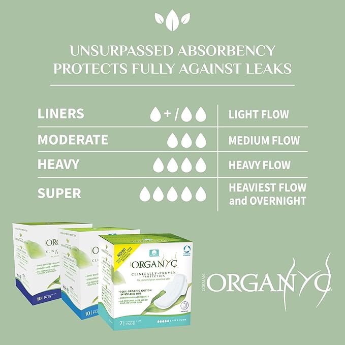 3 Organyc New Version 100% Certified Organic Cotton Overnight Feminine Pads, Heaviest Flow, Super Absorbency 2.0, 7 Count (6 Pack)
