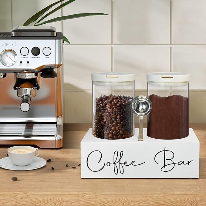 1 Coffee Glass Containers, Coffee Organizer Shelf, Glass Jars with Spoon, Two 48oz Glass Coffee Bean Storage with Airtight Clamp Canister for Coffee Bean, Ground Coffee, Nuts