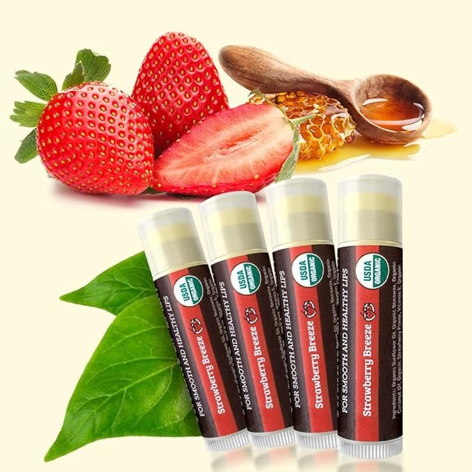 2 USDA Organic Lip Balm 4-Pack by Earth's Daughter - Strawberry Flavor, Beeswax, Coconut Oil, Vitamin E - Best Lip Repair Chapstick for Dry Cracked Lips.