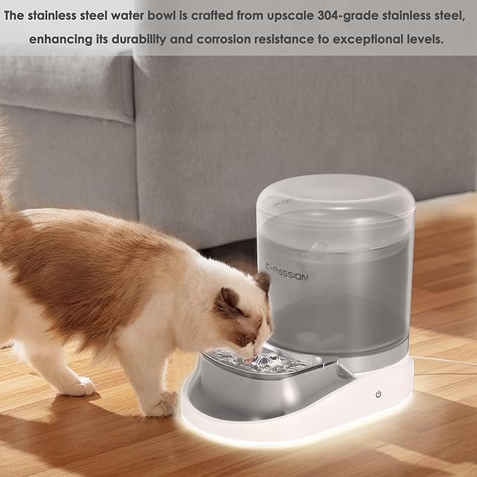 3 Cat Water Fountain by C-PASSION,4L/135oz Pet Fountain Compatible with BRITA Filter,Wireless Pump,Stainless Steel Bowl,Automatic Cat Water Dispenser with LED Lights ldeal for Indoor Cats & Small Dogs