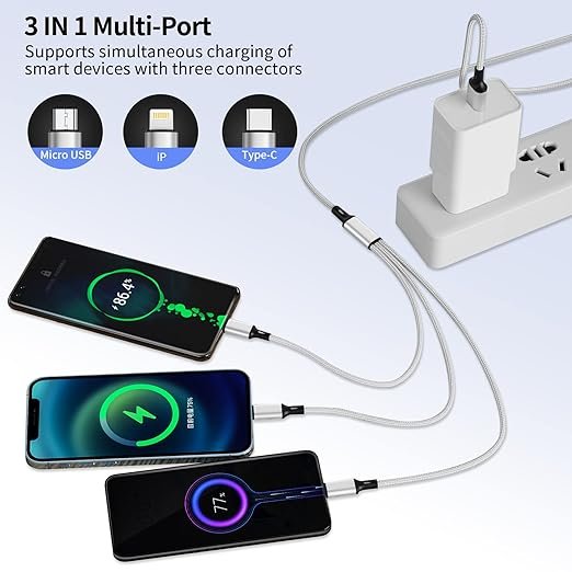 1 Universal 3-in-1 Charging Cable, HanCenDa Multi Cord with Lightning Connector, 4FT/2Pack/Grey