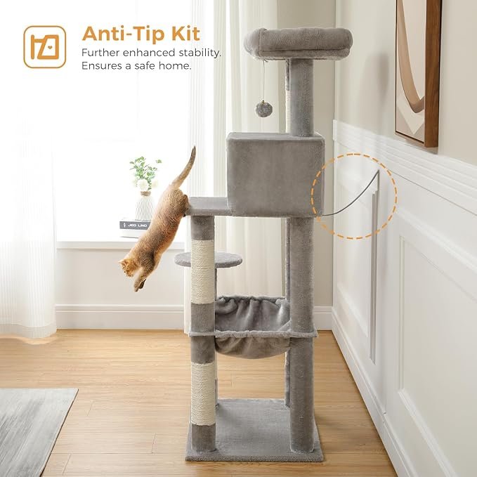 2 Cat Tree for Large Cats Adult with Metal Plush Big Hammock, 56.3" Cat TowerZ with 2 Door Condo House, 6-Tier Cat Shelves with Scratching Posts and Large Top Perch, Gray