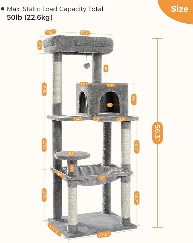 1 Cat Tree for Large Cats Adult with Metal Plush Big Hammock, 56.3" Cat TowerZ with 2 Door Condo House, 6-Tier Cat Shelves with Scratching Posts and Large Top Perch, Gray