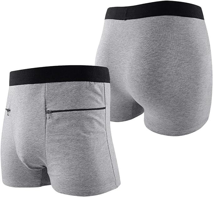 4 2 Packs Men's Boxer Briefs Secret Hidden Pocket, Travel Underwear with Secret Front Stash Pocket Panties (Gray)