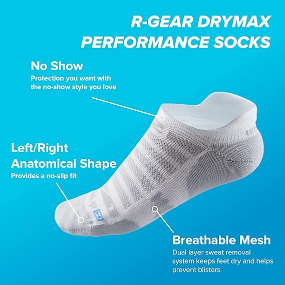 1 R-Gear Drymax No Show Running Socks For Men and Women | Breathable, Moisture Control & Anti Blister | 3 Pack