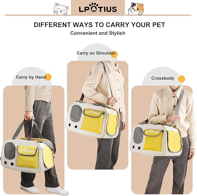 3 LPOTIUS Foldable Cat Carrier Soft-Sided Pet Carrier for Small Dogs and Large Medium Cats, Airline Approved Travel Dog Carriers with Curtain, Pocket, Safety Leash and Cushion Pad, Yellow