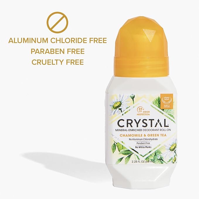 2 CRYSTAL Mineral Deodorant Roll-On- Body Deodorant With 24-Hour Odor Protection, Non-Staining & Non-Sticky Deodorant with Chamomile & Green Tea, Aluminium Chloride & Paraben Free, 2.25 FL OZ - 3 Pack