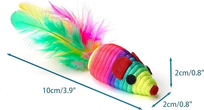 1 CHIWAVA 24PCS 5" Rattle Cat Toys Mice with Feather Rainbow Rope Mouse Kitten Interactive Toy Assorted Color