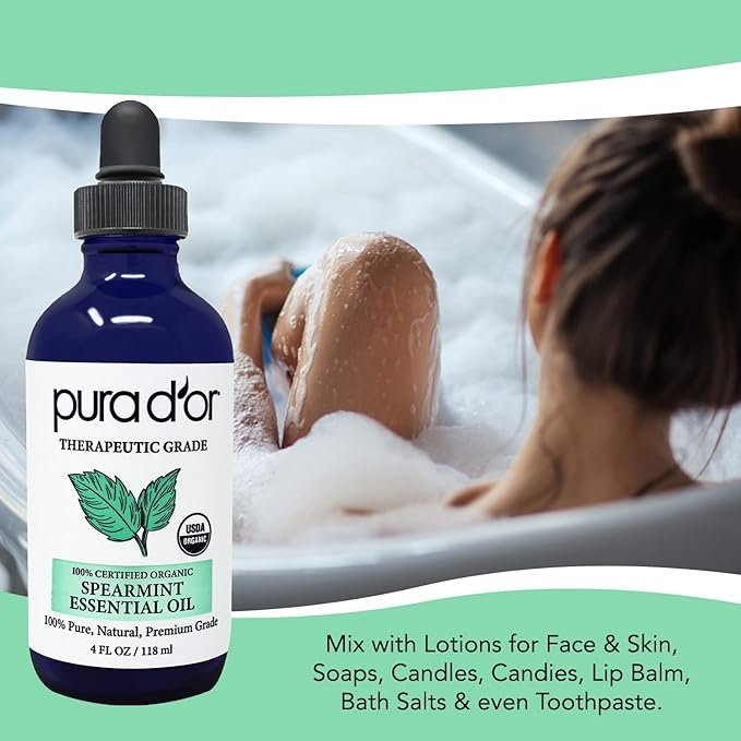 1 PURA D’OR Spearmint Essential Oil (4oz / 118mL) USDA Organic Pure & Natural Therapeutic Grade Diffuser For Aromatherapy, Focus, Concentration, Mood Uplift