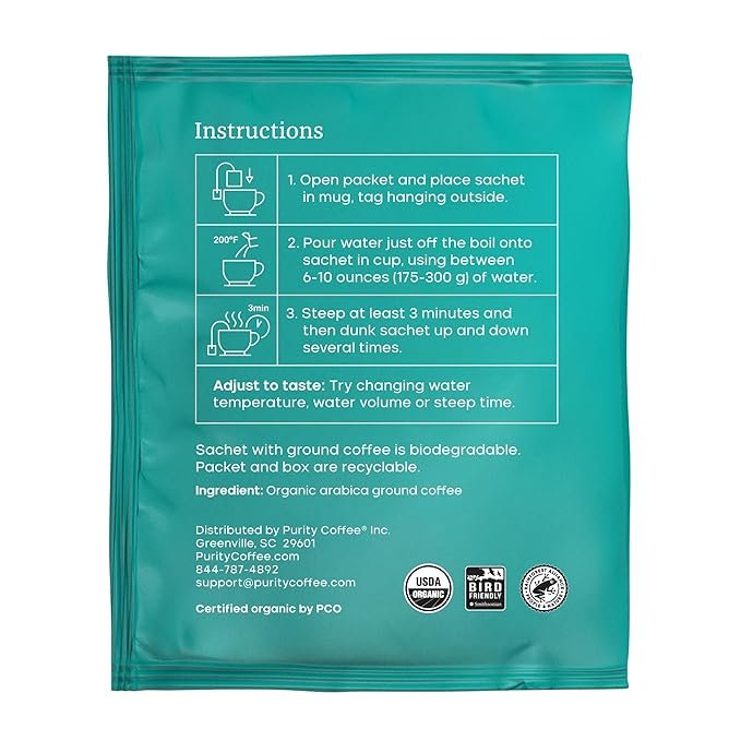1 Purity Coffee FLOW Medium Roast Organic Coffee - USDA Certified Organic Specialty Grade Arabica Single-Serve Packets - Third Party Tested for Mold, Mycotoxins and Pesticides - 5 ct Box