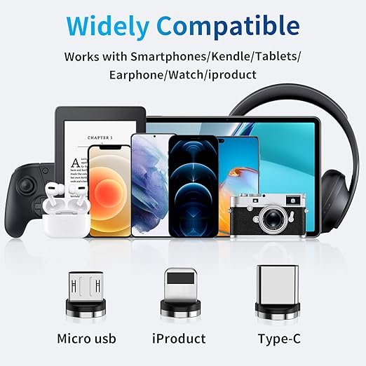 4 MAG360° Rotation Magnetic Charging Cable (2-Pack,6.6FT/6.6FT), 3 in 1 Magnetic Phone Charger with LED Light Compatible with Micro USB, Type C and iDevice | Jet-Black Durable Braided Cords