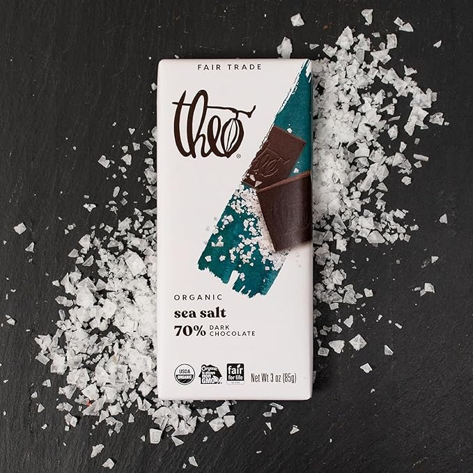 3 Theo Chocolate Sea Salt Organic Dark Chocolate Bar, 70% Cacao, 6 Pack | Vegan, Fair Trade