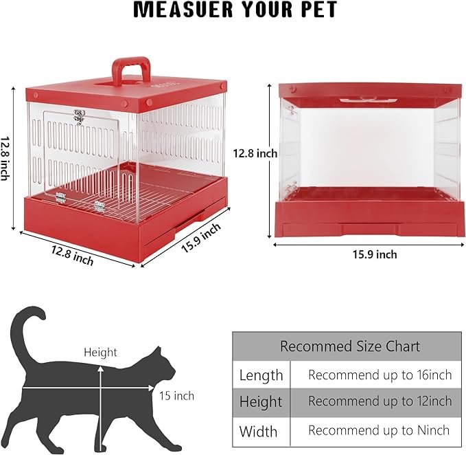 3 DBOODB Cat Carrier Hard Pet Dog Rabbit Reptile Carrier 360° View of Your pet Suitable Small Medium 15.9" x 12.8" x 12.8" pet Travel Indoor Outdoor pet Carrier (Red)