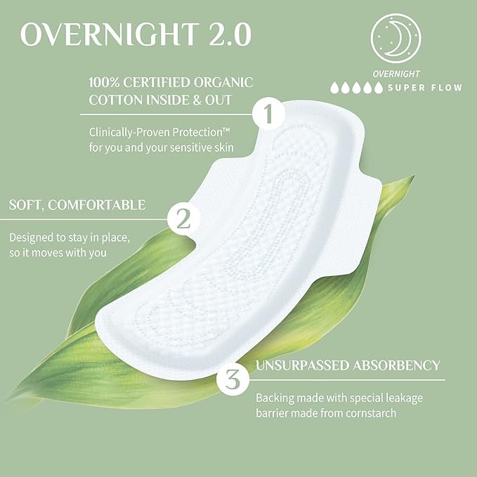 2 Organyc New Version 100% Certified Organic Cotton Overnight Feminine Pads, Heaviest Flow, Super Absorbency 2.0, 7 Count (6 Pack)