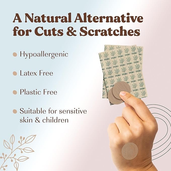 4 FEBU Eco-Friendly Organic Bamboo Fabric Bandages | PFAS Free Bandages for Scrapes & Cuts | Flexible Fabric Bandages | Latex Free Bandages | Fully Compostable | 50 Count Spot Bandages