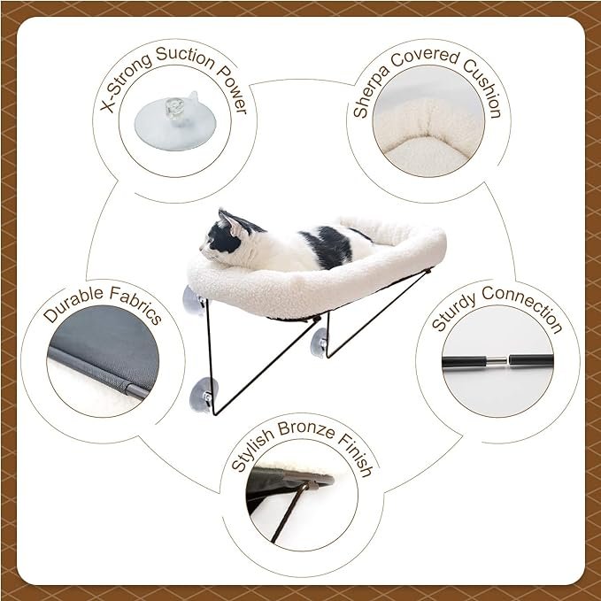 2 Zakkart Cat Window Perch - 100% Metal Supported from Below - Comes with Warm Spacious Pet Bed - Cat Window Hammock for Large Cats & Kittens - for Sunbathing, Napping & Overlooking (White)