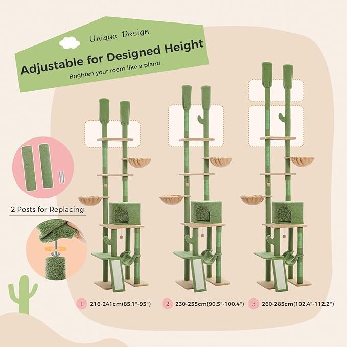 4 PAWZ Road Cactus Cat Tree Floor to Ceiling Cat Tower with Adjustable Height(85-112 Inches), 7 Tiers Climbing Activity Center with Cozy Hammocks, 5 Platforms and Scratching Posts for Indoor Cats