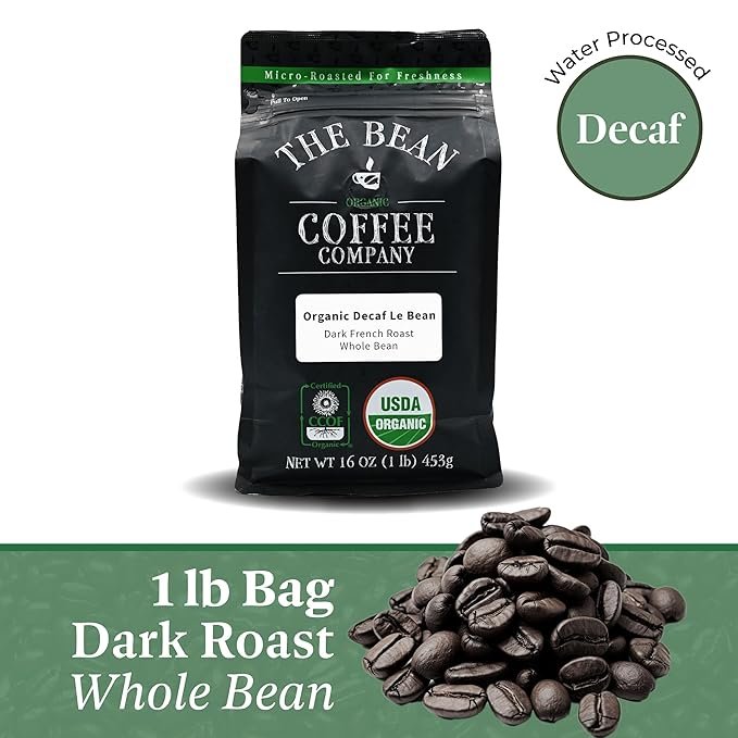 1 The Bean Organic Coffee Company Water Processed DECAF Le Bean, Dark French Roast, Whole Bean Coffee, 16-Ounce Bag