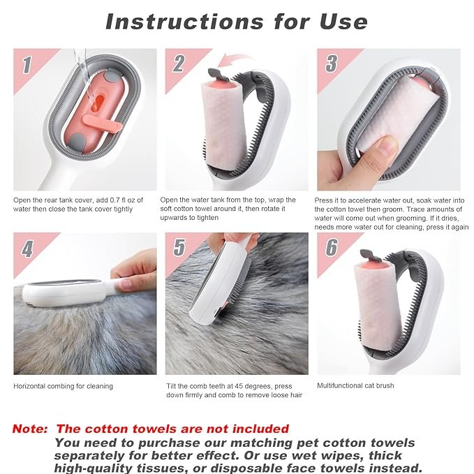 4 Water Brush for Cats Dogs, 4 in 1 Pet Grooming Brush, Cat Bath Brush, 2 in 1 Cleaning Brush Cat, Wet Cat Comb, Pet Hair Removal Comb with Water Tank, Sticky Brush 2.0 for Cats (Towels Not Included)