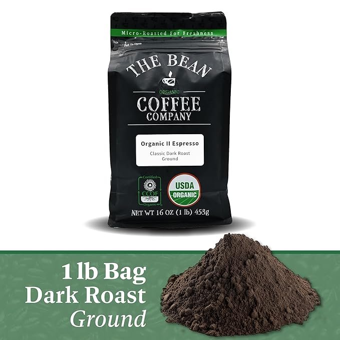 1 The Bean Organic Coffee Company Il Espresso, Classic Dark Roast, Ground Coffee, 16-Ounce Bag, Café molido tostado orgánico