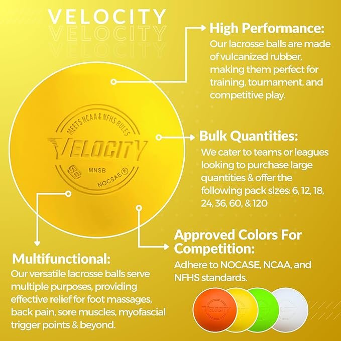 1 Velocity Lacrosse Balls - Official NFHS, SEI, and College Approved Size - Meets NOCSAE Standard - Approved Competition Colors - Yellow, 24 Pack