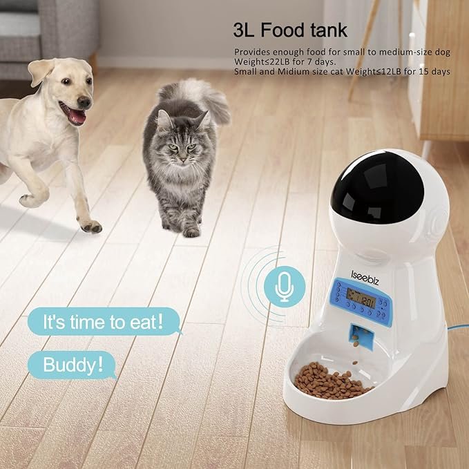 4 Iseebiz Automatic Cat Feeder, 101oz/3L Timed Cat Feeder for Dry Food with Anti-Clog Design, Up to 4 Meals with Portion Control, Dual Power Supply &10s Voice Recorder for Small Medium Cats Dogs