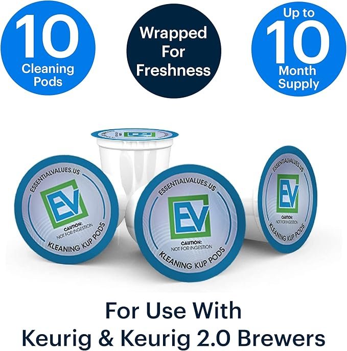 1 Essential Values Keurig Rinse Pods 10-Pack - K Cup Cleaning Solution - Compatible with K-Cup Machines Including 2.0 - Aftermarket Keurig Filter Pods