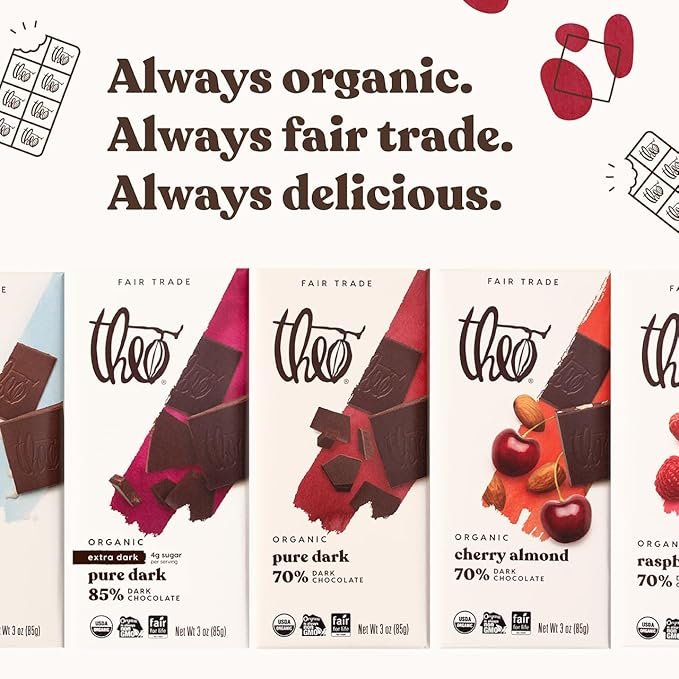 4 Theo Chocolate Pure Organic Dark Chocolate Bar, 70% Cacao, 6 Pack | Vegan, Fair Trade