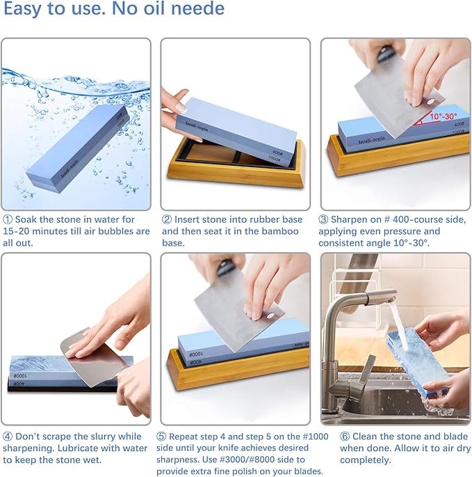2 Knife Sharpening Stone Kit – Two-sided Abrasive Block 400/1000 3000/8000 Top-grade Blade Sharpener with Buffing Strip, Refurbishing Block, Sustainable Base, 3 Skid-proof Pads & Inclination Assistance