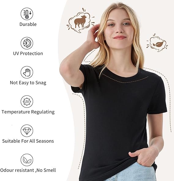 1 Merino Protect 100% Merino Wool T-Shirt Women Crew Neck Tops Short Sleeve Base Layers for Travel Hiking Tee