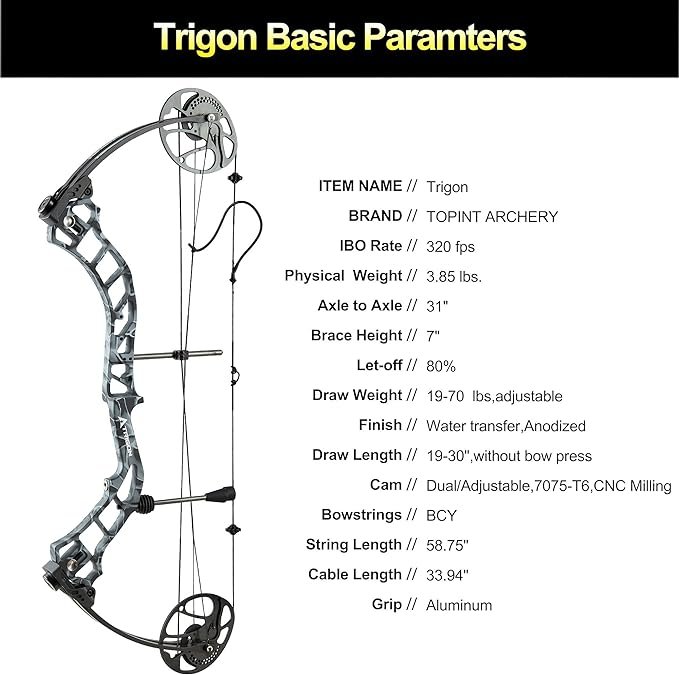 2 ToPoint Trigon Compound Bow Set, CNC Milled Riser, USA Gordon Limb, BCY String, Adjustable Draw Length (19-30), Adjustable Draw Weight (19-70 lbs), High Speed (IBO 320fps).